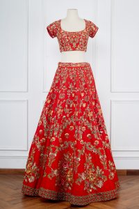 Red floral embroidered lehenga set by Shyamal & Bhumika (2)