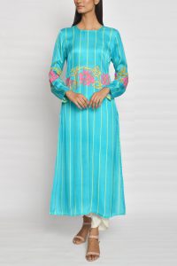 Turquoise appliqued striped kurta (1)