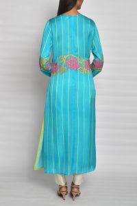 Turquoise appliqued striped kurta (2)