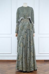 Green floral printed cape and gown set (1)