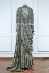 Green floral printed cape and gown set (2)