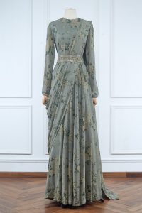 Green floral printed cape and gown set (3)