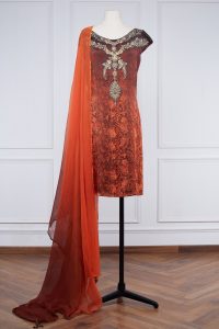 Orange printed and embellished kurta set (1)