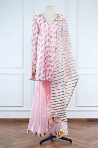 Pink leaf foil printed kurta set (1)