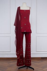 Red sequin embroidered short kurta set (1)