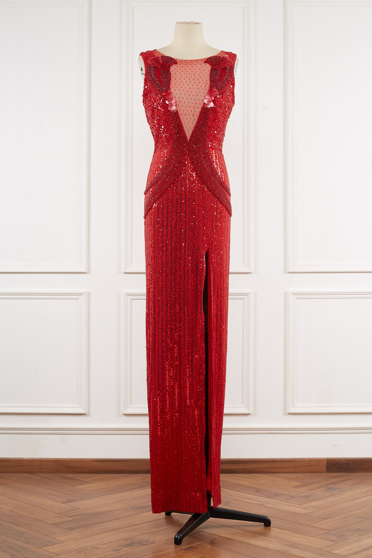 Red bird sequinned slit gown by Nitya Bajaj 1