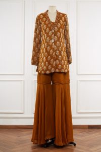 Rust orange floral print jacket sharara set by Nitya Bajaj (3)