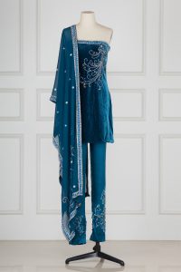 Blue crystal studded strapless kurta set by Suneet Varma (1)