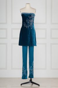Blue crystal studded strapless kurta set by Suneet Varma (2)