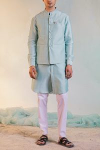 Aqua green sequin work Nehru jacket by Charkhee (1)