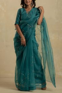 Turquoise mirror embroidery saree set by Charkhee (1)