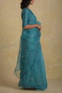 Turquoise mirror embroidery saree set by Charkhee (2)