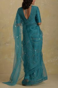 Turquoise mirror embroidery saree set by Charkhee (3)