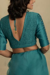 Turquoise mirror embroidery saree set by Charkhee (4)